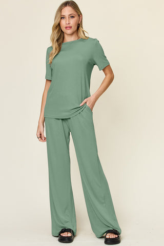 Double Take Round Neck Short Sleeve T-Shirt and Wide Leg Pants Set