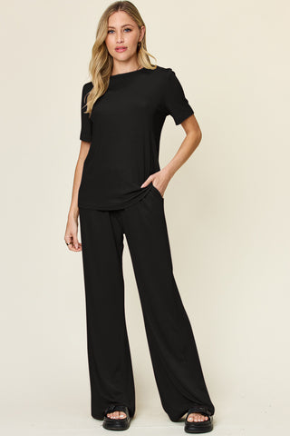 Double Take Round Neck Short Sleeve T-Shirt and Wide Leg Pants Set